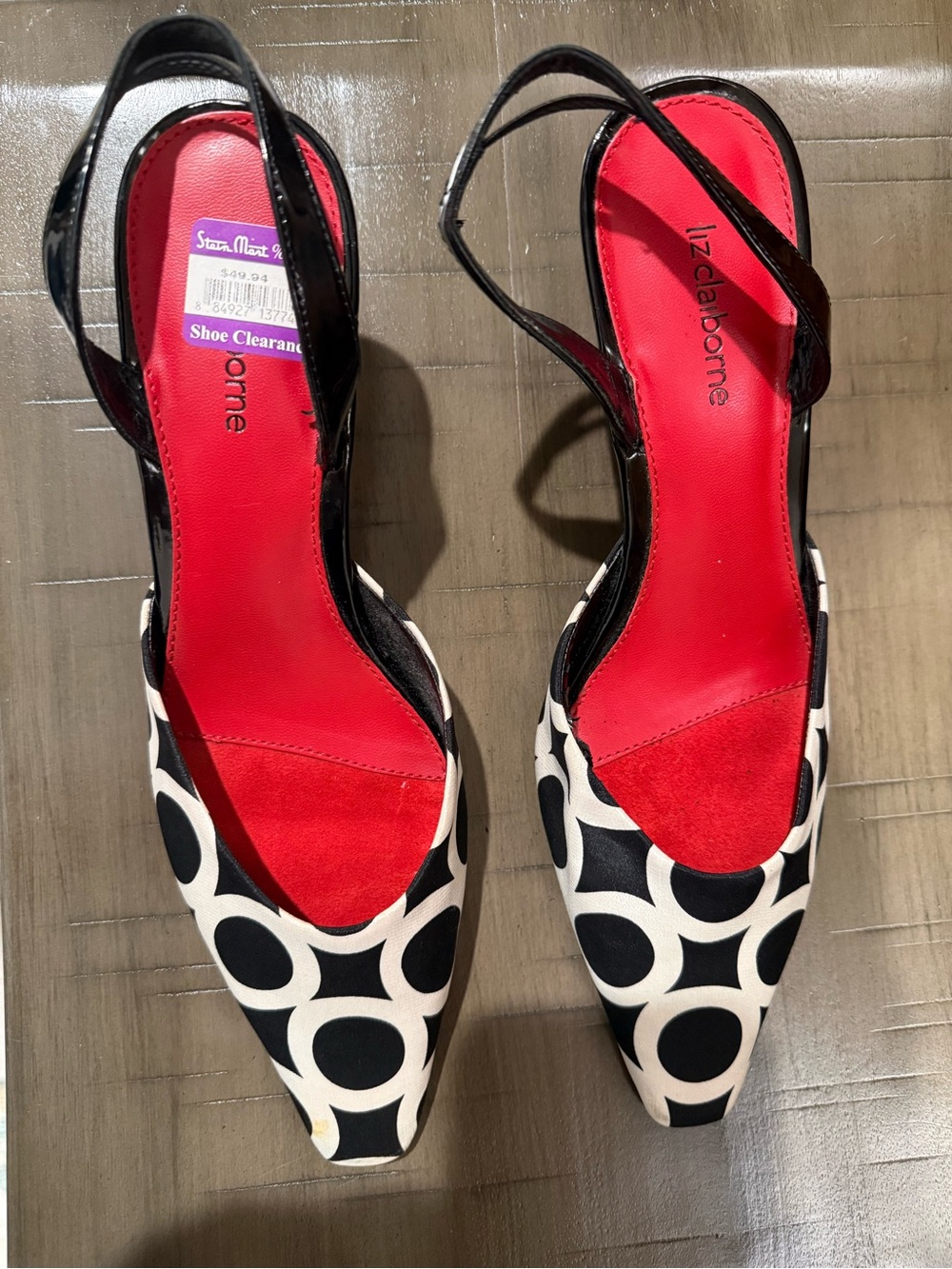 Liz Claiborne Black and White Circle Pattern Slingback Heels with Red Insole